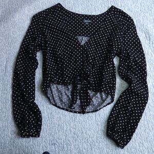 Wild Fable Black And White Polka Dot Crop with Tie Front, Size Medium